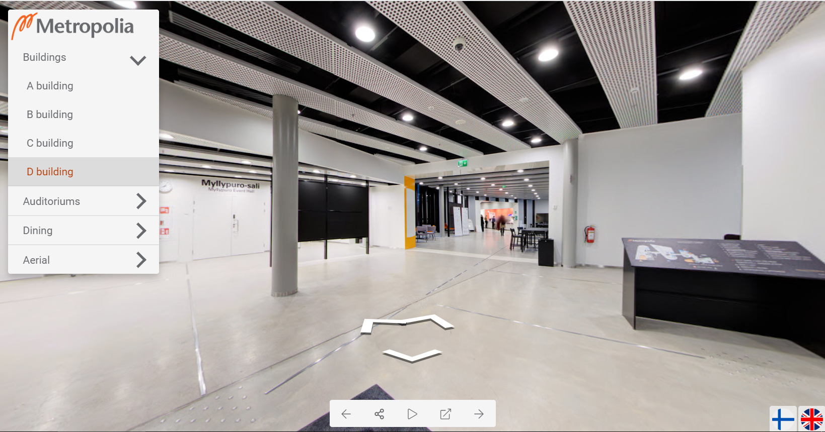 Kuva Myllypuron kampuksen aulasta virtuaalikierroksen näkymässä.