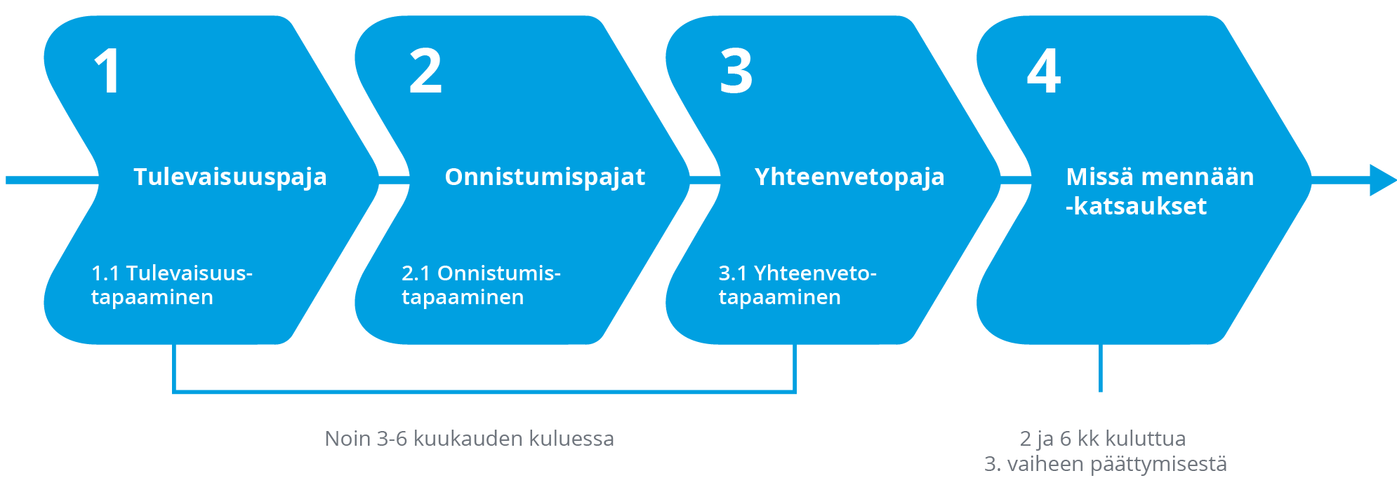 Katse tulevaisuuteen yrityksen kehittämispolun kulku. Kuvattu alla sanallisesti.