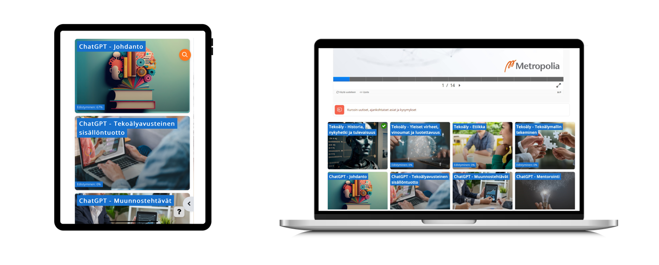 ChatGPT ja tekoäly asiantuntijatyössä -verkkokoulutus opiskelutavat mobiili ja työpöytä