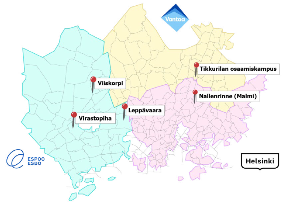 Kartta ENPA-hankkeen pilottien sijainnista Espoossa, Helsingissä ja Vantaalla.