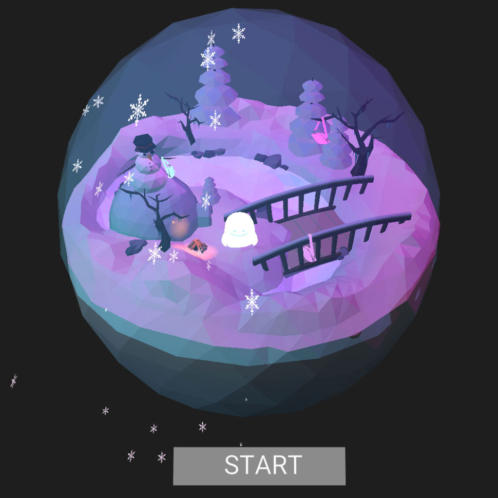 A snowy digital world inside a virtual snowglobe.