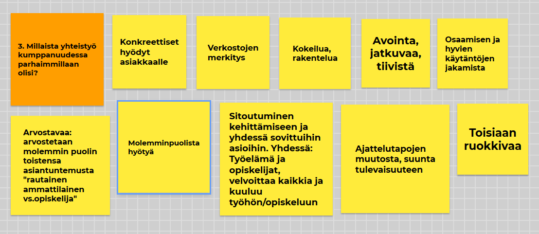 Vastaukset muistilappuina kysymykseen: Millaista yhteistyö kumppanuudessa parhaimmillaan olisi?