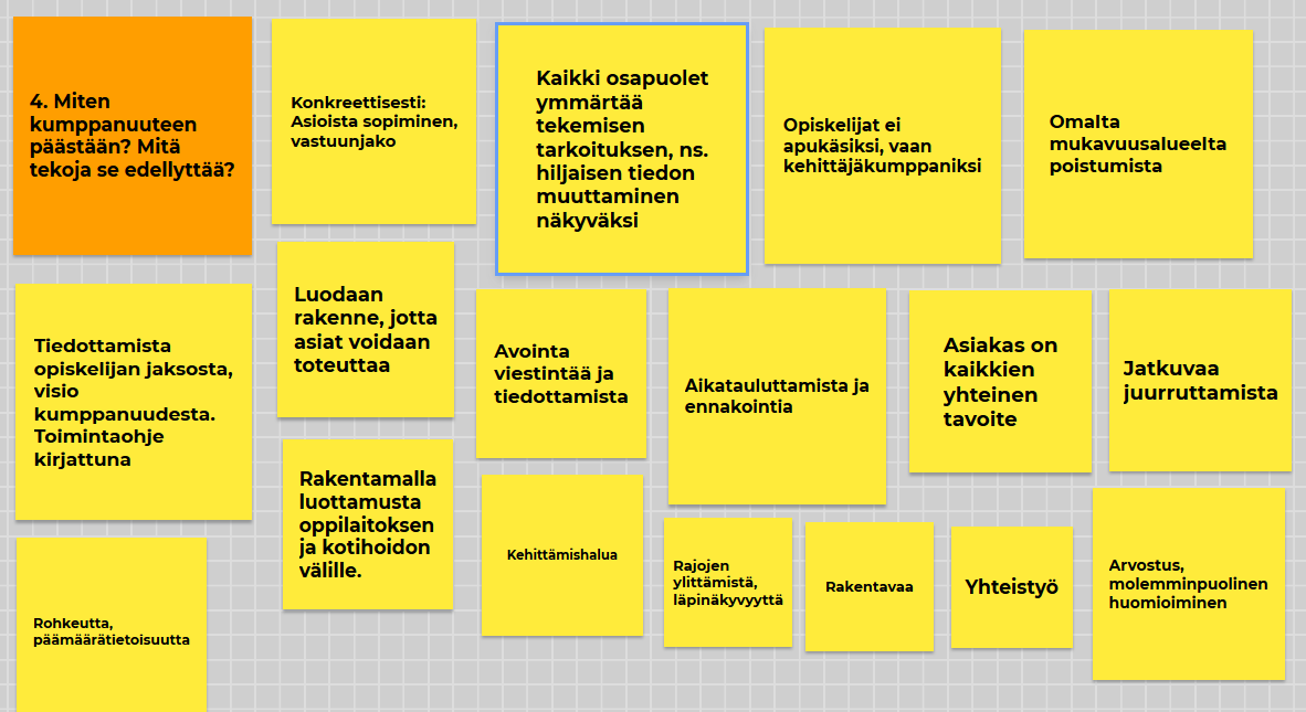 Vastaukset muistilappuina kysymyksiin: Miten kumppanuuteen päästään? Mitä tekoja se edellyttää?