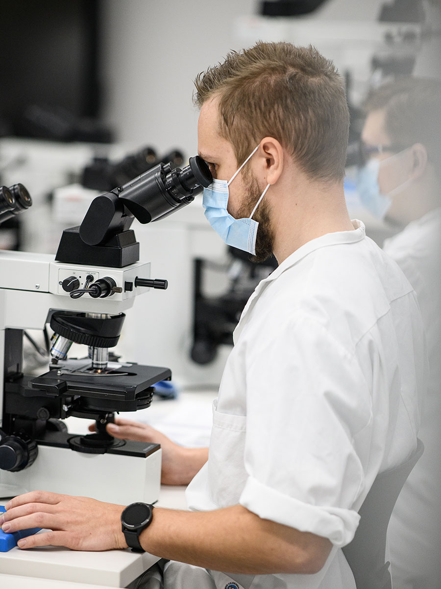 Bioanalytiikan opiskelija tutkii näytettä mikroskoopilla.