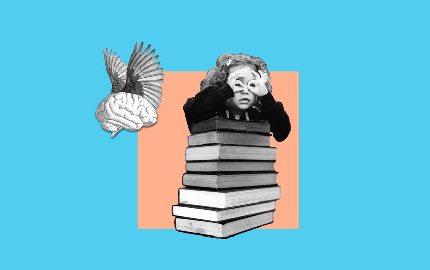 Piirroskuva: lentävät aivot ja tyttö kirjojen kanssa.