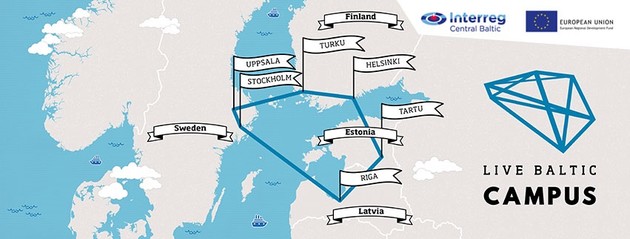 Live Baltic Campus -hankkeen kumppanikaupungit – Turku, Helsinki, Uppsala, Tukholma, Tartto ja Riika – kartalla.