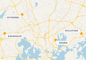 Metropolian neljä kampusta – Karamalmi, Myyrmäki, Myllypuro ja Arabia – merkittynä Helsingin karttaan.