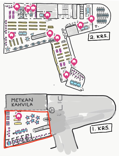 Metropolian Myllypuron kirjaston pohjakarttapiirroksissa näkyvät kirjaston eri tilat: kirjahyllyjen paikat, hiljaisen työskentelyn tilat, kokoushuoneet jne.