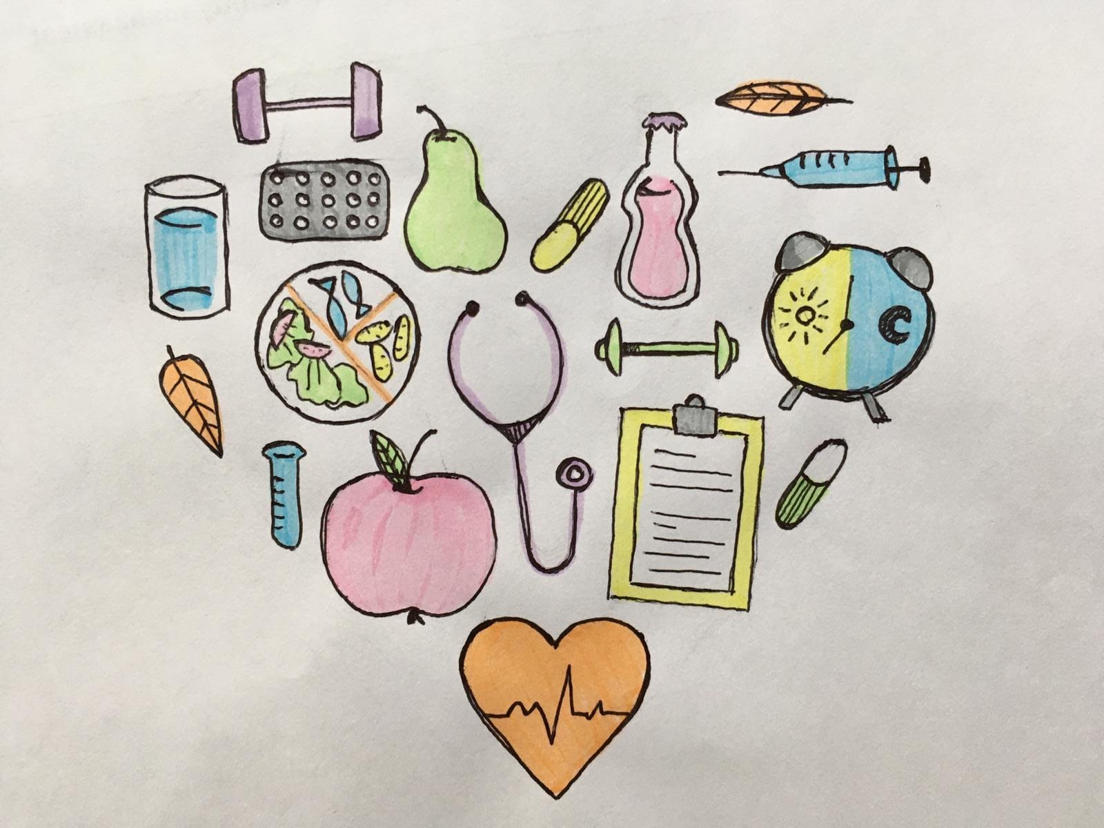 Sosiaali- ja terveysalaa symboloivat esineet muodostavat sydämen. Esineet ovat hedelmiä, sydänkäydä, lääkeruisku, stetoskooppi, lauasmallia kuvaava lautasellinen ruokaa, versilasi, lääkedosetti, lääke.