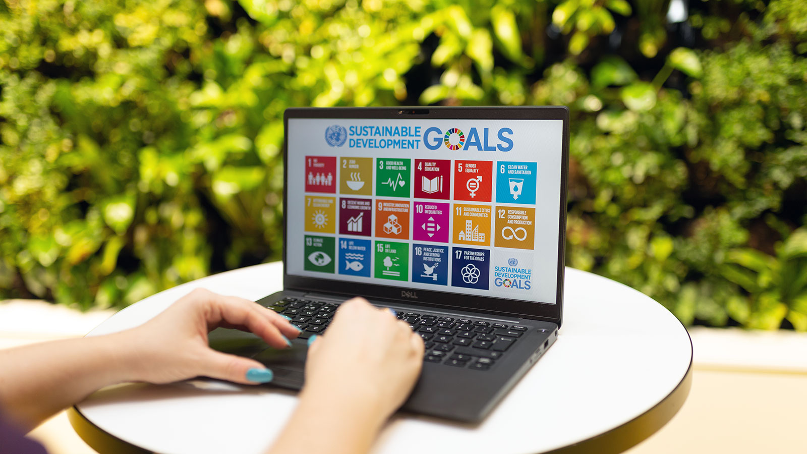 Henkilö käyttää tietokonetta, jonka ruudulla näkyy YK:n kestävän kehityksen tavoitteet.