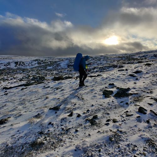 Mikko Kastinen vaeltamassa aurigonlaskussa lumisilla vuorilla.