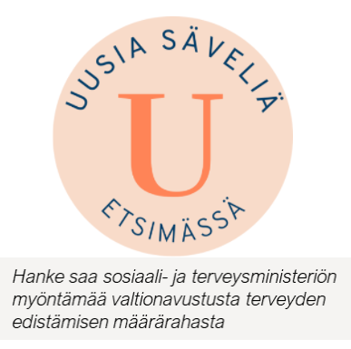 Uusia säveliä etsimässä logo ja teksti: hanke saa sosiaali- ja terveysministeriön myöntämää valtionavustusta terveyden edistämisen määrärahasta