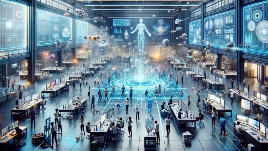 Futuristinen näkymä hallista, jossa on paljon ihmisiä tietokoneruutujen ääress, ilmassa leijuu hologrammihahmoja. Luotu tekoälyllä.