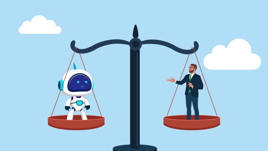 Robot and businessman on scales.