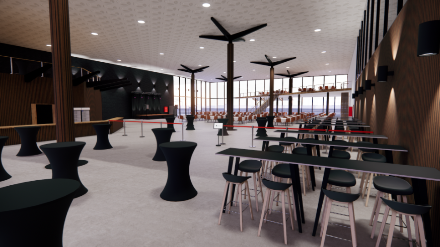 3D rendering of an event hall lobby with cocktail tables, high tables with stools, and a staircase and seating area in the background.