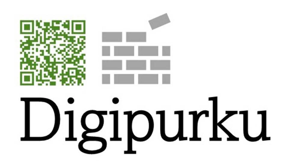 Digipurku-teksti, QR-koodi ja tiiliseinägrafiikka.