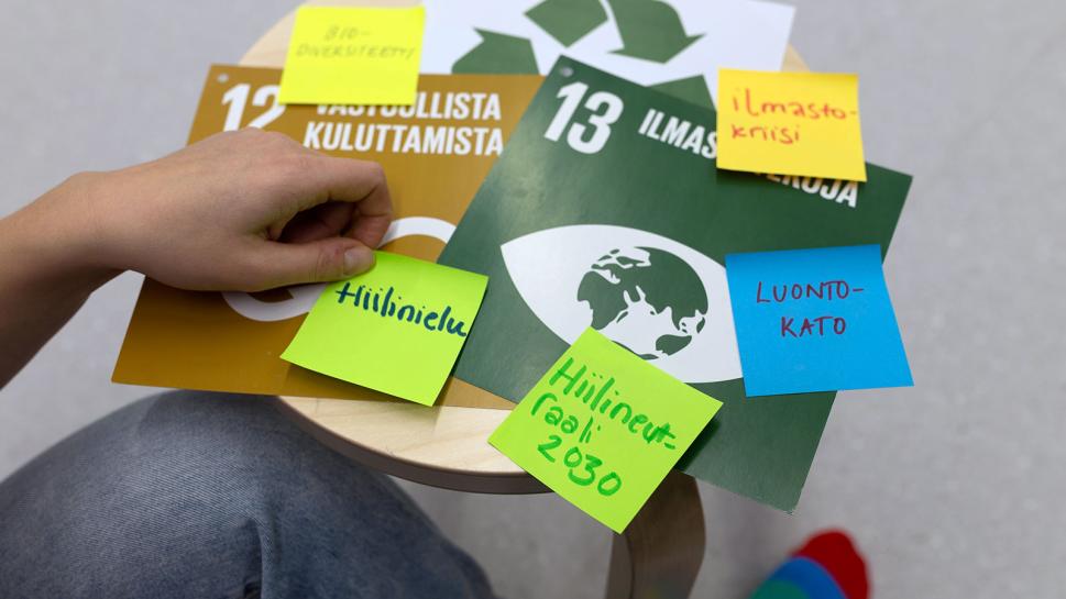 Pöydällä post it -lappuja, joissa lukee Hiilinielu, Hiilineutraali 2030, Luontokato ja Ilmastokriisi., 