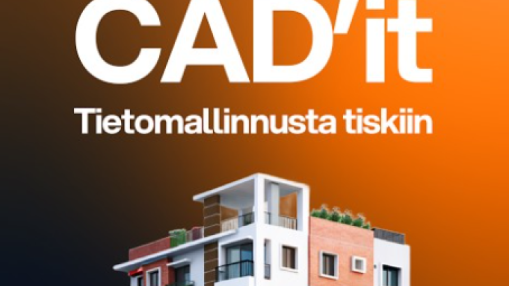 Musta-oranssilla taustalla tekstit Cadmatic-CADit-Tietomallinnusta tiskiin ja kerrostalon kuva