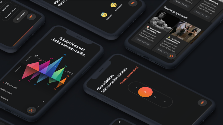 On black background partially visible mobile screens with texts and graphics of Peili app
