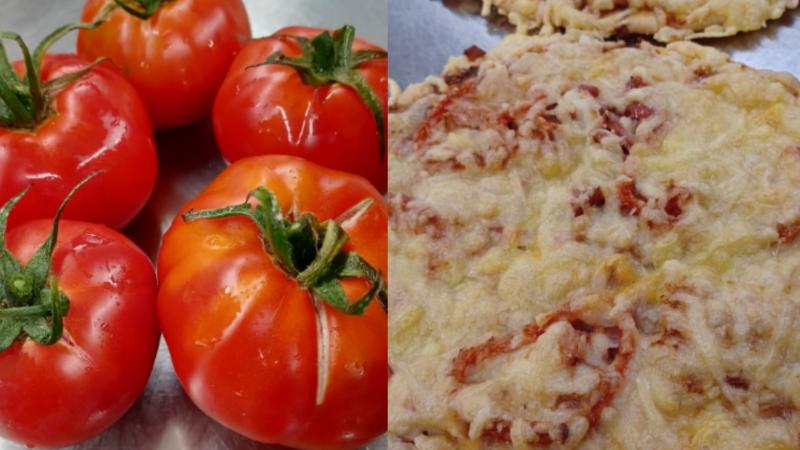 Tomatoes on the left and pizzas on the right where those tomatoes were used