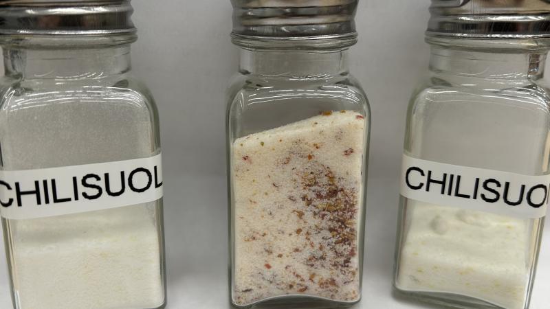 Three shakers of chilisalt, with different recepies