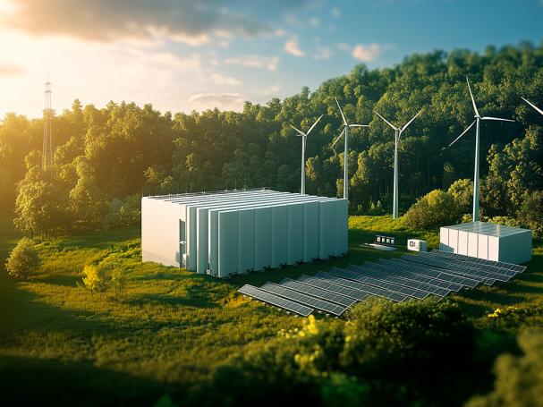 Maisema, jossa energiavarasto, tuulivoimaloita sekä aurinkopaneeleja.