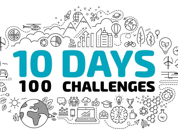 Text 10 Days 100 challenges in the middle, surrounded by drawn pictograms