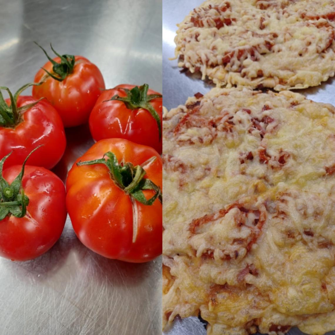 Tomatoes on the left and pizzas on the right where those tomatoes were used