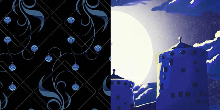 Kuvitettu kukkapaperi mustalla taustalla ja sinisellä kukkakuviolla sekä vieressä kuvituskuva Olavinlinnasta kuutamossa