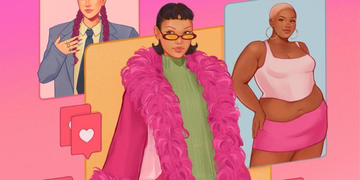 Kuvitus missä nainen kävelee ja ympärillä on sosiaalisen median ikkunoita, tykkäuksiä ja seuraajailmoituksia