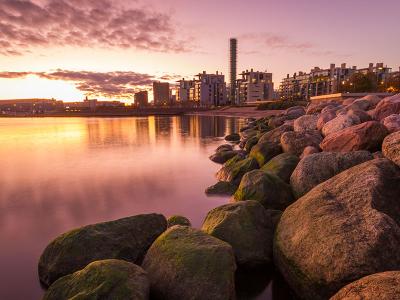 Sunset in a suburb by the sea.