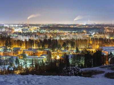 Blue moment in a snowy suburb, viwe from a hill.