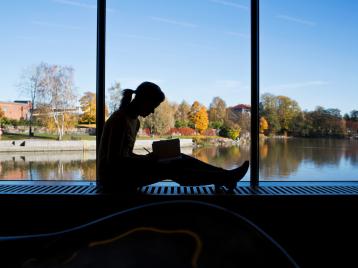 Ihmishahmo istuu ikkunan edessä, taustalla ruskainen järvi- tai merimaisema.