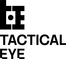 Logo of the Tactical Eye project. T and E form an eye-like structure and text Tactical Eye is underneath