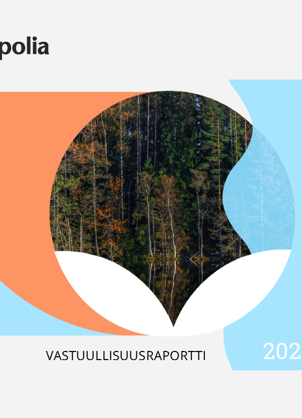 Oransseja, mustia ja sinisiä muotoja harmaalla pohjalla. Tekstinä Vastuullisuusraportti 2021.