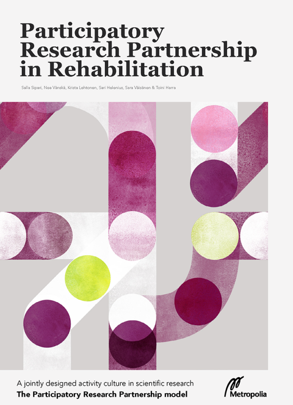 Abstrakteja kuvioita ja teksti Participatory Research Partnership in Rehabilitation.